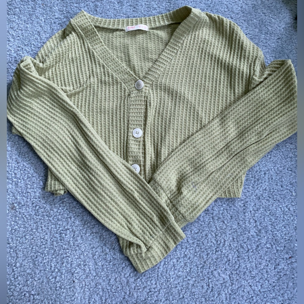 green waffle knit top